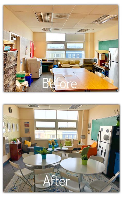 Daycare Break Room Ideas, Cosy Staff Room Ideas, Staff Canteen Ideas, Staff Lounge Decor, Teachers Staff Room Decoration Ideas, School Front Office Decor Elementary, Faculty Room Makeover Teacher Lounge, Office Lunch Room Ideas, School Front Office Decor Reception Areas