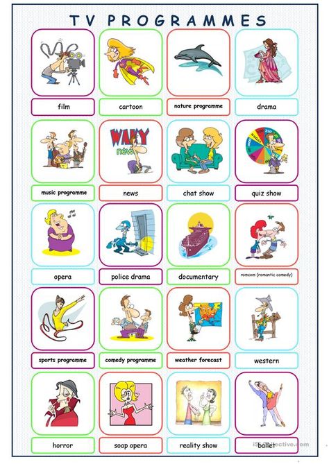 TV Programmes Picture Dictionary - English ESL Worksheets for distance learning and physical classrooms English Street, Reading Comprehension Kindergarten, English Projects, Pub Quiz, Picture Dictionary, Vocabulary Practice, Grammar Lessons, Grammar And Vocabulary, Esl Teaching