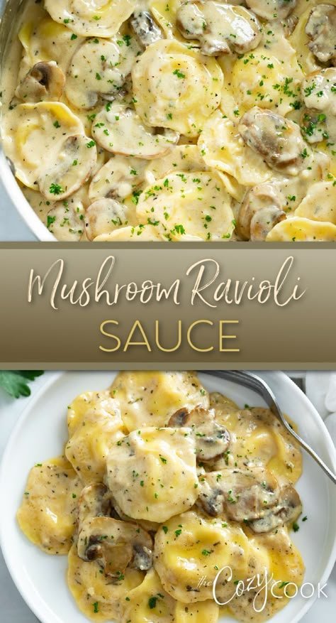 mushroom ravioli sauce smothered in ravioli Sauce For Mushroom Ravioli, Mushroom Ravioli Sauce, White Wine Reduction, Cozy Cook Recipes, Chicken Ravioli, Ravioli Sauce, Ravioli Recipes, The Cozy Cook, Mushroom Ravioli