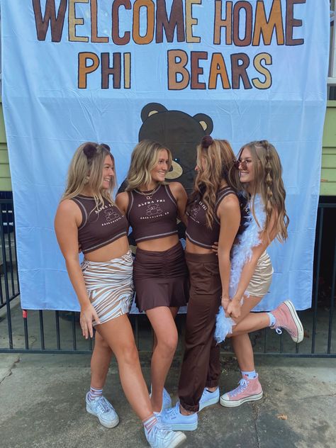 Alpha phi bid day bear ideas theme aesthetic brown phi bears Phi Bear Bid Day, Alpha Phi Bid Day Themes, Bear Bid Day Theme, Bear Big Little Reveal, Bear Bid Day, Trendy Big Little Reveal Themes, Cute Big Little Reveal Themes, Sorority Big Little Reveal Theme, Pi Phi Bid Day