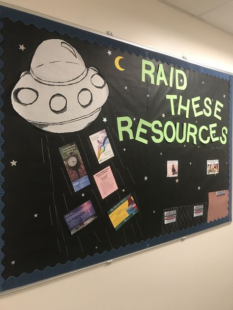 An RA board for campus resources with an Area 51 meme theme! Spaceship Bulletin Board Ideas, Family Engagement Bulletin Board, Ra Bulletin Boards Resources, Ra Space Theme, Ra Floor Decorations, Ra Duty Board, Ra Poster Ideas, Moon Bulletin Board, Ra Hall Decorations