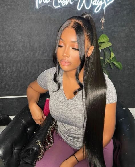 Ponytail Two Bangs, Mid Ponytail Hairstyles, Mid Ponytail Hairstyles Black Women, Hairstyles Cheer, Hairstyles Low Ponytail, Ponytail Ideas For Black Women, Ponytail Hairstyles Low, Pony Tailed Hairstyle, Ponytail Hairstyles Black Women