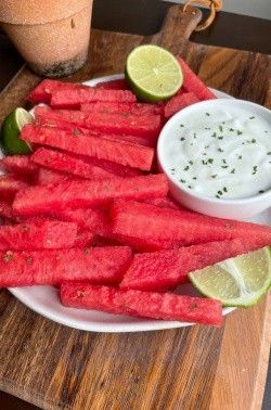 Watermelon Fries with Honey Lime Yogurt Dip. A 3 ingredient yogurt dip that pairs so well with watermelon. The best healthy and easy summer snack. #summerrecipes #summerfood #healthysnacks #easysnacks #highprotein Chicken Avocado Pasta, Watermelon Fries, Easy Summer Snacks, Watermelon Sticks, Vegan Greek Yogurt, Great Salad Recipes, Healthy Summer Snacks, Goat Cheese Dip, Gluten Free Pumpkin Bread