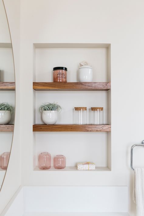 Recessed Shelves Bathroom, Bathroom Closet Organization Ideas, Medicine Cabinet Makeover, House California, Bathroom Niche, Bathroom Closet Organization, Recessed Shelves, Bathroom Storage Hacks, Closet Organization Ideas