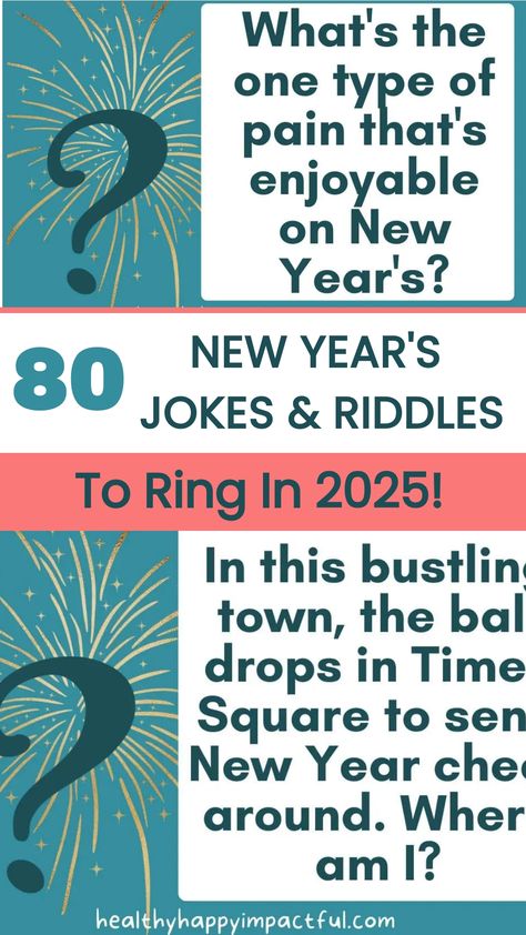 New Year's themed graphic with a question mark, featuring jokes and riddles to celebrate 2025. New Years Dad Jokes, New Years Jokes For Kids, New Years Jokes Humor, New Year Jokes Funny, New Years Jokes, Kids Jokes And Riddles, Funny Puns For Kids, New Year Jokes, New Year Countdown