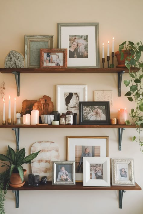 42+ Stunning Photo Wall Ideas to Showcase Your Favorite Memories - MOMtivational Film Gallery Wall, Space Filler Decor, Home Photo Display, Ornate Home Decor, Vintage Shelves Decor, How To Display Polaroid Pictures, Shelves With Picture Frames, Polaroid Hanging Ideas, Photos On Shelves