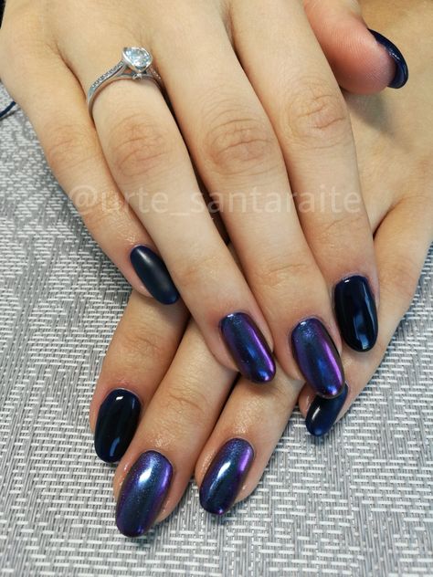 Navy Purple Nails, Dark Blue Iridescent Nails, Dark Metallic Nails, Black Iridescent Nails, Black Nails Short, Dark Blue Nails, Navy Blue Nails, Lavender Nails, Prom 2024