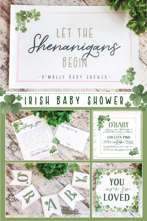 shamrocks o'baby themed baby shower invitation, shenanigans welcome sign irish banner Boy Baby Shower Ideas March, Irish Themed Baby Shower Ideas, St Patrick's Day Baby Shower Ideas, Irish Baby Shower Ideas, Shamrock Baby Shower Ideas, Baby Shower Themes March, Baby Shower Ideas March, Lucky Charm Baby Shower Ideas, March Baby Shower Themes