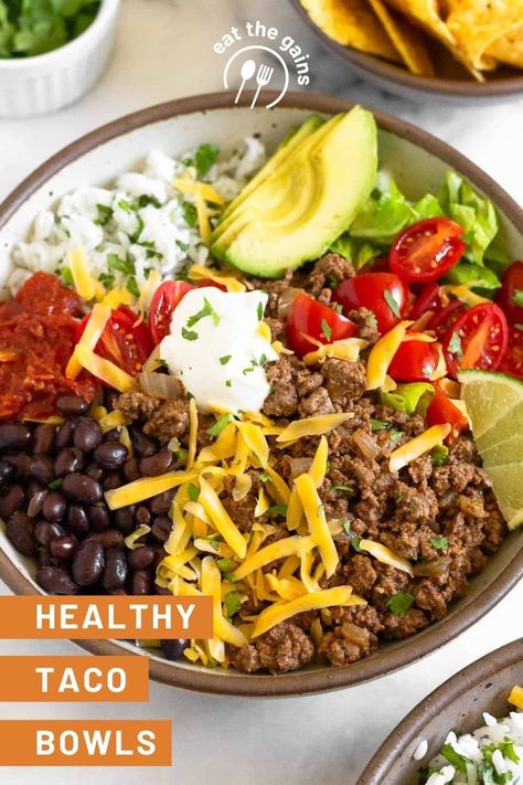 Ground Beef Taco Bowls, Beef Taco Bowls, Ground Beef Taco Meat, Beef Taco Meat, Taco Fixings, Taco Bowl Recipe, Rice Black Beans, Ground Beef Taco, Ground Beef Rice