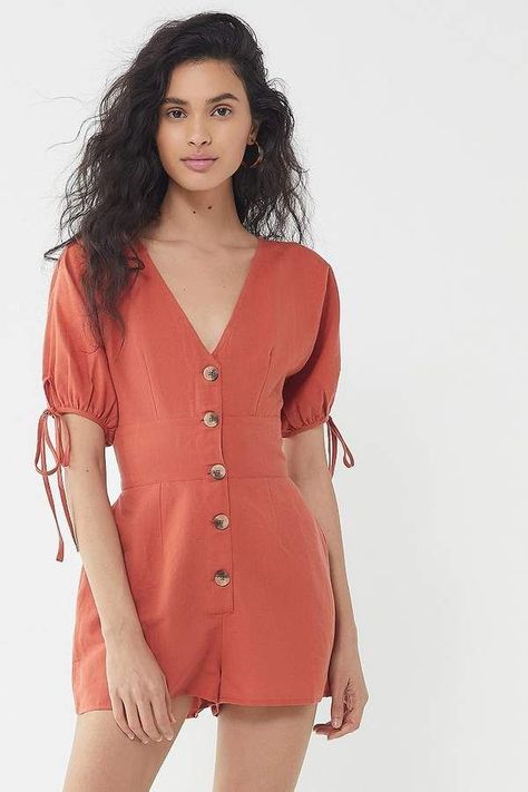 Urban Outfitters UO Lily Linen Button-Front Romper *Affiliate Link Resort Clothes, Urban Outfitters Romper, Glamour Outfit, Fashion Reference, Urban Outfitters Pants, Rust Dress, Urban Dresses, Pretty Clothes, Urban Outfitters Dress