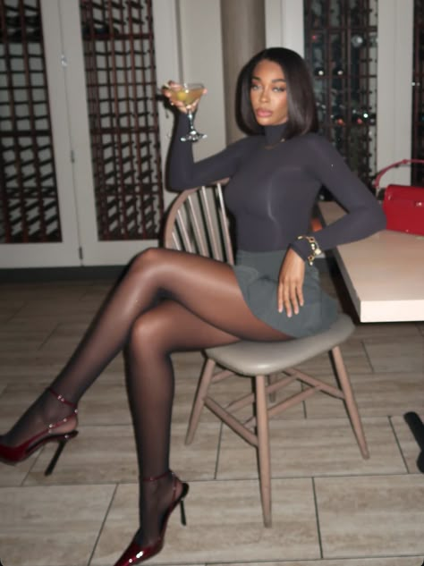 Nye Dinner Party Outfit, Tie Up Heels Outfit Dress, Long Boot Heels Outfits, Winter Day Drinks Outfit, Christmas Party Pants Outfit, Open Toed Heels With Tights, Cherry Tights Outfit, Louboutin Outfits Women, Animal Print Tights Outfit