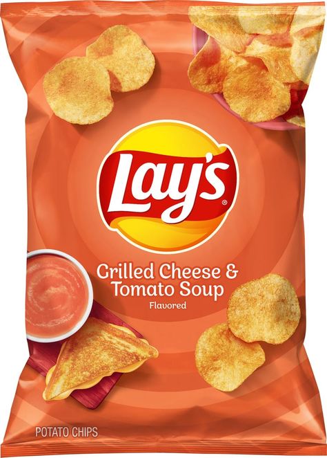 Lay's Is Releasing a Grilled Cheese & Tomato Soup Flavor For a Limited Time Only Lays Chips Flavors, Grilled Cheese Tomato Soup, Chip Flavors, Grilled Cheese And Tomato Soup, Potato Chip Flavors, Cheesy Sandwich, Lays Chips, Making Grilled Cheese, Cheese And Tomato