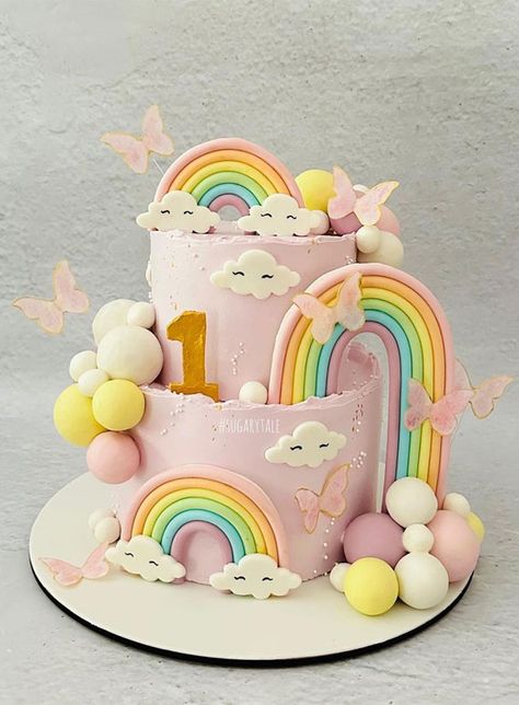 Rainbow Balloon Cake, Cake Designs Colorful, Rainbow Decorated Cake, Rainbow Birthday Cake Ideas, Rainbow Cake Designs, Rainbow Birthday Party Cake, Pastel Rainbow Birthday Cake, Rainbow Cake Decorations, Rainbow Party Cake