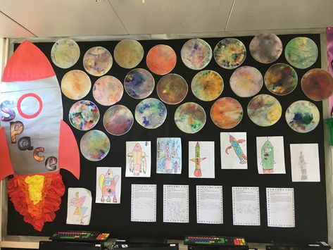 Coffee filter planets, rocket designs and Space stories 🚀✨ #eyfs #space #display Space Display Board Eyfs, Space Display Eyfs, Space Display Board, Planets Eyfs Activities, Space Display Classroom, Space Classroom Display, Eyfs Themes Topics, Eyfs Space Theme, Space Topic Eyfs