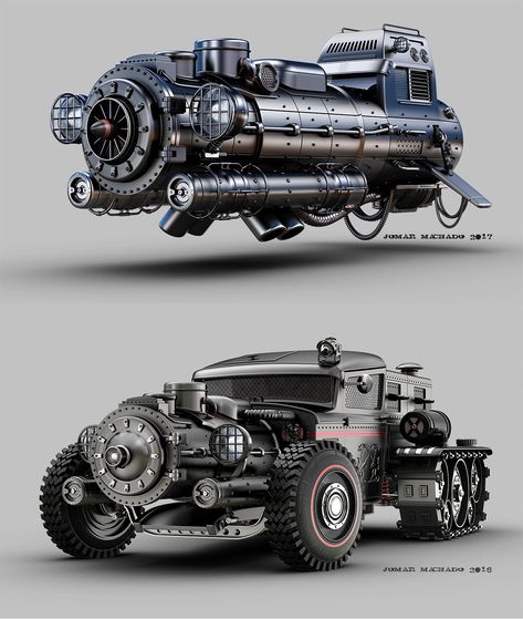 Take a look at these two awesome looking steampunk (or possibly dieselpunk) vehicles! Illustration by  Jomar Machado, http://machadoj.cgsociety.org/art/mad-3dmax-max-hdr-retro-light-future-studio-hover-photoshop-space-transport-ship-war-battle-hot-rod-bike-up-or-down-steam-vehicles-17747684 Jomar Machado, Vehicles Illustration, Fantasy Vehicles, Dieselpunk Vehicles, Steampunk Vehicle, Concept Car Design, Army Vehicles, Steampunk Art, Futuristic Cars