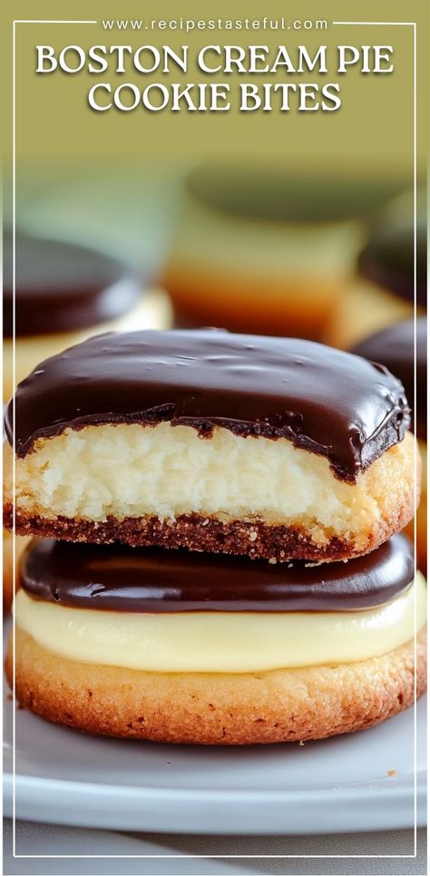 A delicious and bite-sized treat that combines the classic flavors of Boston cream pie in a fun cookie form. Perfect for parties or a sweet snack! Boston Cream Fudge, No Bake Boston Cream Dessert, Boston Cream Desserts, Boston Cream Pie Cookies, Gluten Free Boston Cream Pie, Boston Cream Pie Cookie Bites, Gluten Free Boston, Boston Creme Pie, Boston Cream Pie Cupcakes