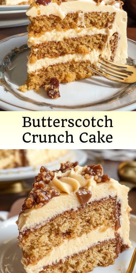 "Indulge in Butterscotch Bliss with this Crunch Cake Recipe! Perfect for any gathering, this moist cake with butterscotch frosting and a crunchy topping will leave your guests wanting more. #ButterscotchCake #DessertLovers #BakingFun" Butterscotch Frosting, Crunch Cake Recipe, Butterscotch Desserts, Butterscotch Recipes, Honey Bun Cake, Butterscotch Pie, Sugar Mama, Butterscotch Cake, Layered Cakes