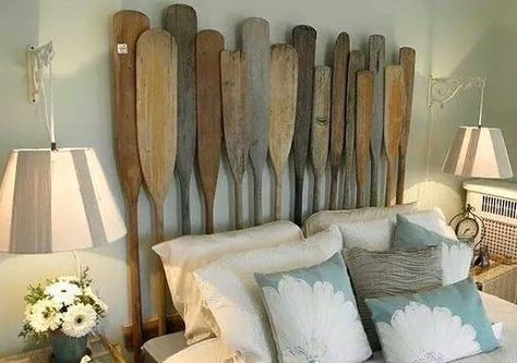 Oar Headboard, Bed Backboard, Upcycle Headboard, Backing Ideas, Cottage Bedrooms, Lake House Bedroom, Design Ložnic, Rustic Lake Houses, Nautical Bedroom