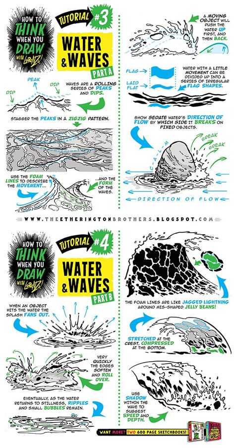 How To Draw Water, Draw Water, Waves Tutorial, Comic Tutorial, How To Think, Water Drawing, Art Instructions, Water Waves, Drawing Lessons