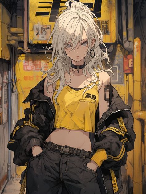 Female Game Character Design, Streetwear Character Design, Cyberpunk Anime Character, Anime Female Oc, Anime Female Character Design, Black And Yellow Outfit, Cyberpunk Girl Art, Style Cyberpunk, Streetwear Art