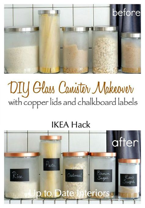 DIY Glass Canister Makeover- IKEA hack | Up to Date Interiors Painting Glass Canisters, Diy Canister, Canister Ideas, Kitchen Cannisters, Glass Kitchen Canisters, Crafts For Teens To Make, Painting Glass, Decor Ikea, Wine Bottle Diy Crafts