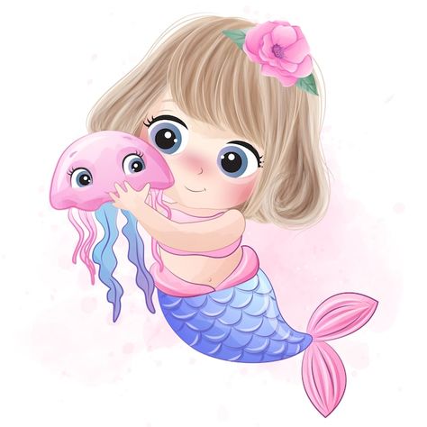 Sereia bonita, abraçando uma pequena águ... | Premium Vector #Freepik #vector #flor #aquarela #bebe #personagem Soft Pink Wedding, Baby Animal Drawings, Watercolor Flower Background, Mermaid Print, Baby Mermaid, Flower Watercolor, Cute Mermaid, Mermaid Theme, Watercolor Effects