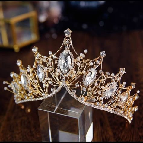 Gold Tiara/Crown 15 Crowns Quinceanera Gold, Beauty And The Beast Crown Quince, Yellow Quinceanera Crown, Yellow Quince Crown, Gold Tiara Quinceanera, Quince Tiaras Gold, White And Gold Quince Dress, Yellow Quince Theme, Quince Crowns Gold