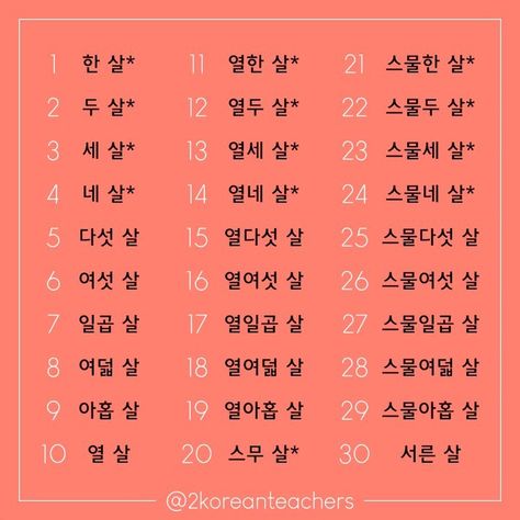 2KoreanTeachers on Instagram: “안녕하세요! How to say your age in Korean / When to use the Korean native counting; ages and more. . We learned the native Korean counting…” Korean Age Number, Telling Time In Korean, Age In Korean Language, How To Count In Korean, Age In Korean, Counting In Korean, Korean Counting, Korean Talk, Studying Korean