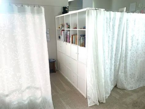 Ikea Kallax As Room Divider, Kallax Bedroom Divider, Ikea Kallax Room Divider, Ikea Kallax 4x4, Shared Room Divider Ideas, Wire Curtain Rod, How To Hem Curtains, Violet Bedroom, Ikea Room Divider