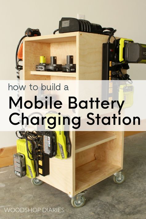 Clear off that workbench and keep your batteries and charges organized in one spot with this mobile battery charging station. It's on wheels so you can roll it around wherever you need it! Tool Battery Charging Station Diy, Drill Battery Charging Station, Diy Battery Charging Station, Battery Charging Station Ideas, Tool Charging Station Diy, Dewalt Charging Station, Charging Station Cabinet, Battery Charger Station, Diy Charging Station