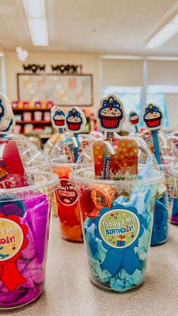 Birthday Cup For Students, Birthday Cups For Classroom, Ideas For Goodie Bags, Birthday At School Treats, Student Birthday Cups, Birthday Treats For Kindergarteners, Non Candy Birthday Favors For School, Birthday Treat For School Classroom, Boy Birthday Treats For School