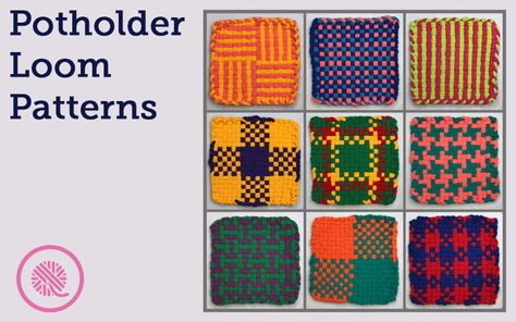 Weave these bright, beautiful potholders on any large potholder loom. I've designed 9 woven hot pad patterns just for you. Quick and easy craft for kids! Loom Knitting Pot Holders Hot Pads, Weaving Pot Holders, Weave Loom Patterns, Weaving Pot Holders Loom Patterns, Pot Holders Loom Patterns, Loop Loom Projects, Pro Loom Potholders, Loom Weave Patterns, Loop Potholder Patterns Free