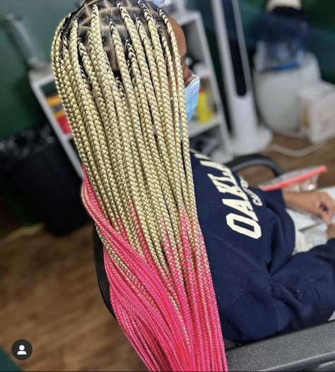 Knotless Box Braids Pink And Blonde, 613 And Pink Knotless Braids, Pink And Blonde Braids Black Women, Pink Black And Blonde Box Braids, Blond And Pink Braids, Blonde And Pink Knotless Braids, Mcbling Hairstyles, Pink And White Braids, Honey Blonde And Pink Braids