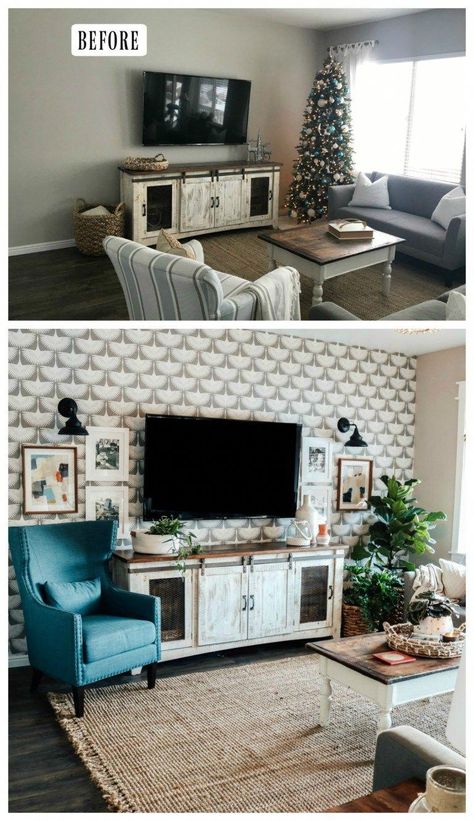 Living Room With Tv Decor, Decorating Around A Tv, Living Room Wallpaper Ideas, Wallpaper Decor Ideas, Decor Small Spaces, Living Room With Tv, Room With Tv, Living Room Wallpaper, Rustic Farmhouse Living Room