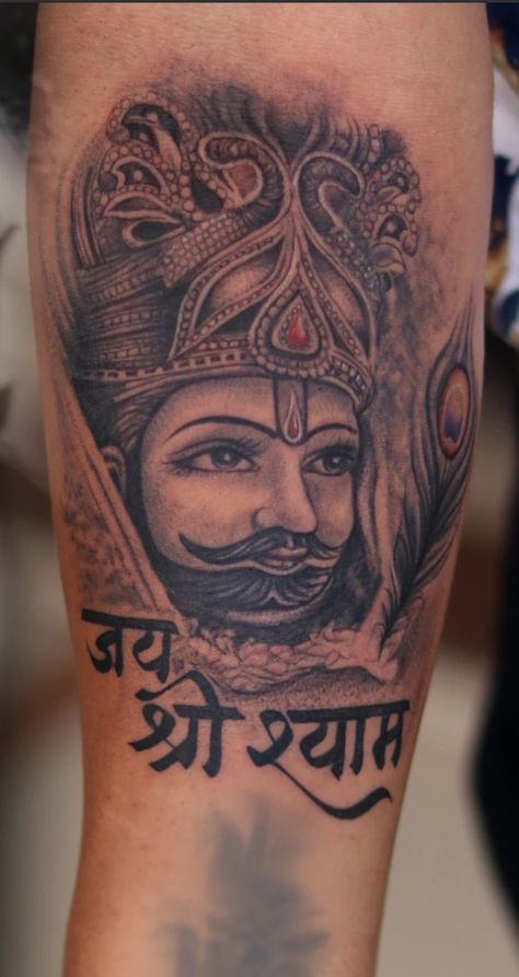 Khatu Shyam Tattoo Design, Jai Shree Shyam Tattoo, Khatu Shyam Tattoo, Shyam Tattoo, Shiv Tattoos, Devotional Tattoo, Tattoo For Dad, Khatu Shyam Baba, Seeing Eye Tattoo