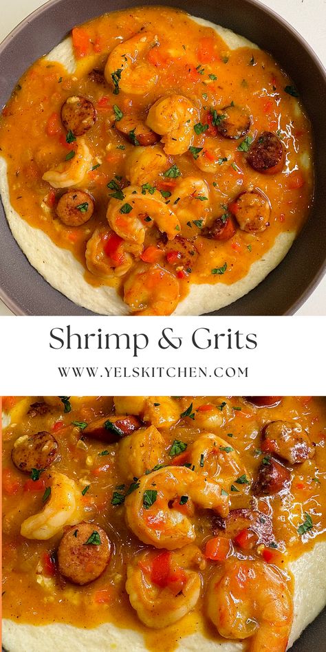 Shrimp and Grits is a southern recipe made with creamy grits, and a shrimp gravy loaded with sausage and Cajun flavors. Enjoy this for brunch, lunch or dinner. Shrimp And Grits Sausage, Shrimp And Grits Recipe With Andouille, Fried Shrimp And Grits Recipe, Shrimp And Grits Gravy Recipe, Shrimp And Grits With Sausage, Shrimp And Grits With Tasso Ham Gravy, Shrimp And Grits For A Crowd, Louisiana Shrimp And Grits, Shrimps And Grits Recipe