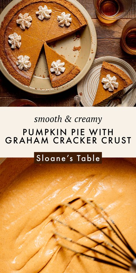 Minimize the Thanksgiving Day chaos by making this pumpkin pie with graham cracker crust ahead of time! The crust and filling each come together in a flash, and once it's baked and chilled overnight, it's ready to be served after the feast. The smooth, creamy pumpkin filling and buttery graham cracker crust are best topped with a dollop of whipped cream! Pie With Graham Cracker Crust, Classic Pumpkin Pie Recipe, Classic Pumpkin Pie, Pumpkin Filling, Pumpkin Pie Recipe Easy, Graham Cracker Recipes, Perfect Pumpkin Pie, Pumpkin Custard, Easy Pumpkin Pie