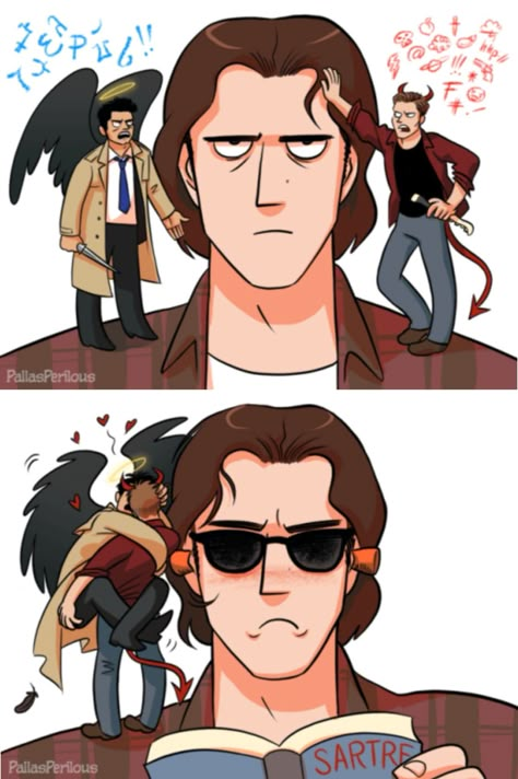 Demon X Angel, Angel X Demon, Demon And Angel, Supernatural Drawings, Dean X Castiel, Supernatural Angels, Supernatural Ships, Destiel Fanart, Supernatural Comic