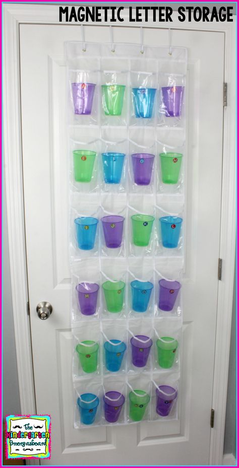 Use a shoe organizer and solo cups to organize your magnetic letters Letter Storage, Preschool Organization, Kindergarten Smorgasboard, Upcycle Ideas, Magnetic Letters, Beginning Of School, School Reading, Fifth Grade, Word Families