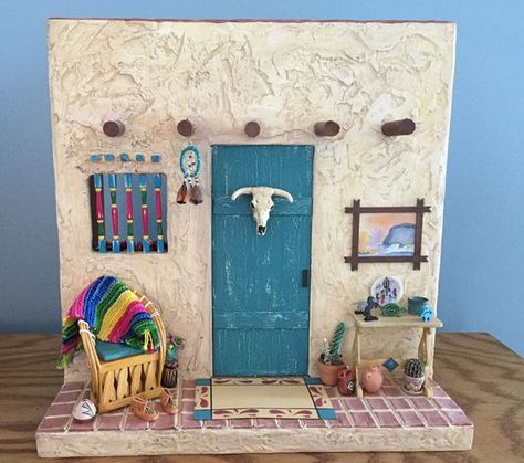 Southwest Scene in Miniature Mexican Miniatures, Dollhouse Porch, Dollhouse Display, Dollhouse Design, Clay Fairy House, Dollhouse Rug, Mexican Christmas, Clay Fairies, Mexican Decor