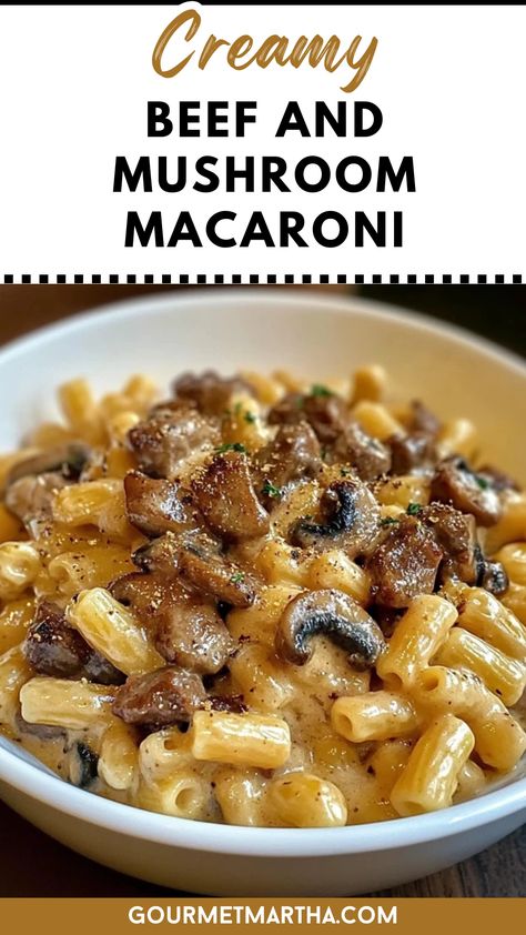 Indulge in this creamy beef and mushroom macaroni, a comforting, hearty dish perfect for busy nights! Tender beef, savory mushrooms, and perfectly cooked macaroni come together in a rich, cheesy sauce that will have everyone asking for seconds. This quick, easy meal is guaranteed to please the whole family. Save this quick and easy recipe for busy days #CreamyMacaroni #BeefAndMushroom #ComfortFood #EasyDinnerRecipe #OnePotMeals #FamilyFavorites #PastaLovers #WeeknightDinner #HomeCooking #... Beef And Mushroom Recipe, How To Make Macaroni, Beef Macaroni, Macaroni Recipe, Beef Pasta Recipes, Beef Pasta, Dried Thyme, Cheesy Sauce, Tender Beef