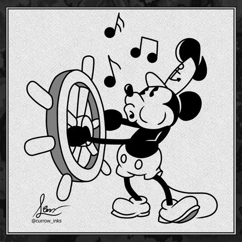 Black And White Mickey Mouse, Vintage Mickey Mouse Tattoo, Steamboat Willie Tattoo, Classic Mickey Mouse Tattoo, Steamboat Willie Drawing, Steam Boat Willie, Old Mickey Mouse, Steamboat Mickey, Kingdom Hearts Tattoo