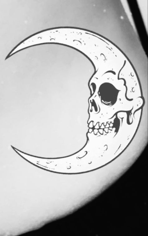 Skull Crescent Moon, Skull In Moon Tattoo, Moon Skull Tattoo Design, Skull Moon Tattoo Traditional, Star Skull Tattoo, Skull Moon Art, Moon Skull Drawing, Moon Skull, Skull Moon