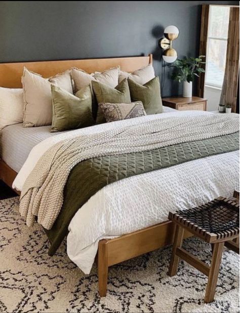 Moody Paint Colors For Bedrooms, Green Brown Bedroom, Wallpaper Bedroom Ideas, Olive Bedroom, Colonial Interiors, Olive Wallpaper, Painting Hacks, Bedroom Plan, Bedroom Makeovers