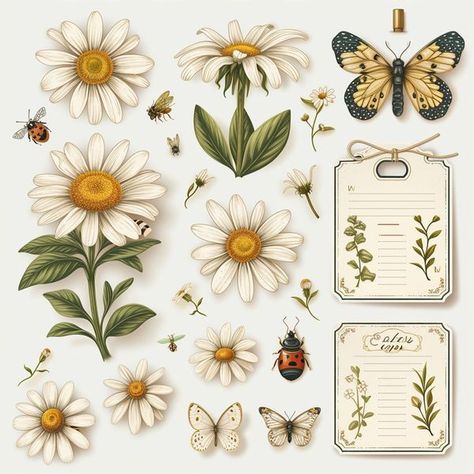 Free Printables | Daisy ephemera and matching backgrounds | Facebook Daisy Scrapbook Ideas, Free Daisy Printables, Matching Backgrounds, Scrapbook Aesthetic, Free Printable Stickers, Free Digital Scrapbooking, Book Things, Animated Images, Scrapbook Journal