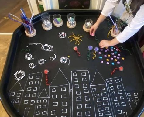 Firework Ideas Eyfs, Bonfire Night Tuff Tray Eyfs, Bonfire Night Eyfs Tuff Tray, Fireworks Messy Play, Bonfire Night Outdoor Activities Eyfs, Fire Work Activities Eyfs, Bonfire Night Activities For Preschool, Firework Activities For Toddlers, Bonfire Night Tuff Tray Ideas