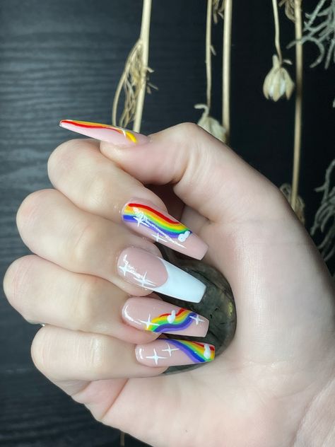 Rainbow Astethic Nails, Lgbtq Pride Nails, Lgbtq Nail Art, Pride Month Nails Short, Coffin Pride Nails, Lgbtq Nails Acrylic, Nails Acrylic Pride, Pride Themed Nails, Lgbt Nails Designs