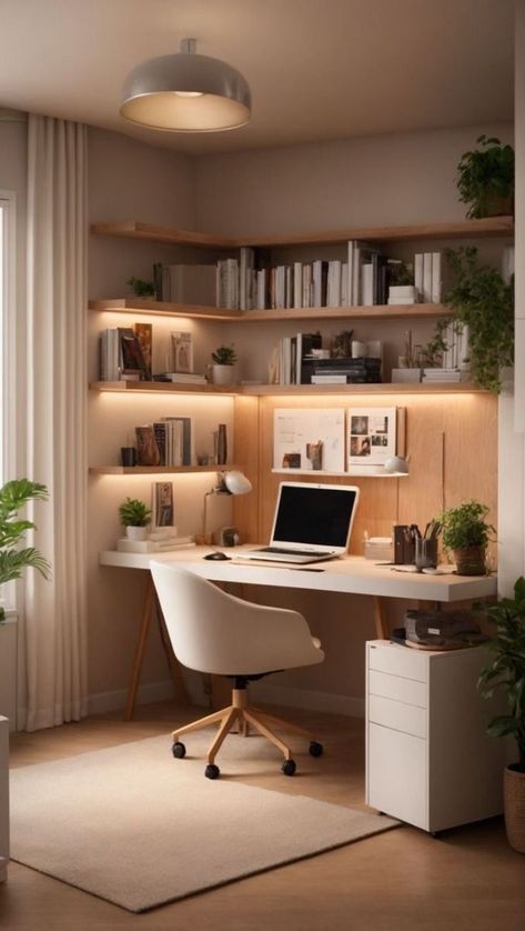 Study Apartment Ideas, Office Decor Two Desks, Open Office Design Home, Tiny Bedroom Office, Cozy Office Space At Home, Office Room Ideas Home, Office In Living Room Ideas, Home Desk Ideas, Office Storage Ideas