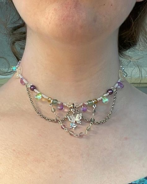 Fairy Choker, Lilac Fairy, Butterfly Purple, Green Fairy, Fairy Aesthetic, Green Blue Purple, Purple Necklace, Aesthetic Ideas, Handmade Bracelet