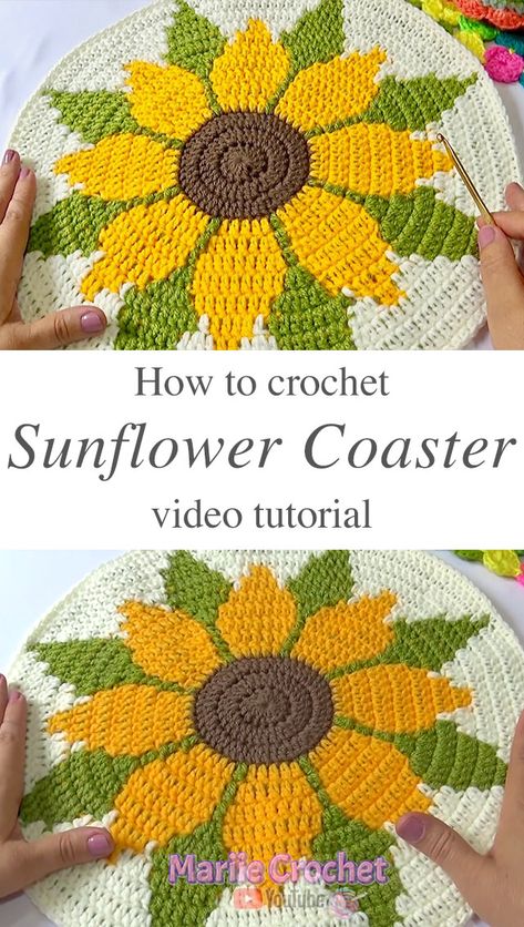 Crochet Sunflower Coaster You Can Make Easily - CrochetBeja Crochet Sunflower Coaster, Sunflower Coaster, Crochet Placemats, 4mm Crochet Hook, Confection Au Crochet, Crochet Coaster Pattern, Crochet Potholders, Crochet Sunflower, Crochet Doily Patterns